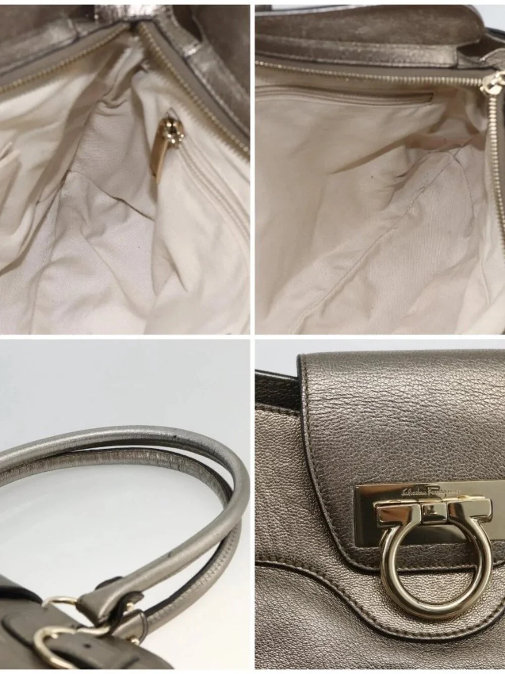 Salvatore Ferragamo Gancini Hand Bag Leather Gold Silver Auth BA11899